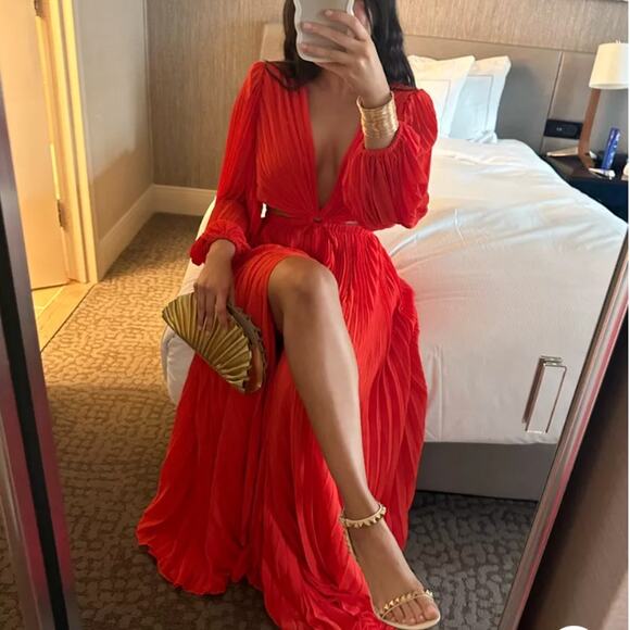 Michael Costello Orange Plunging Gown Orange XS Pleated Designer Slit $388 NEW - Picture 8 of 8